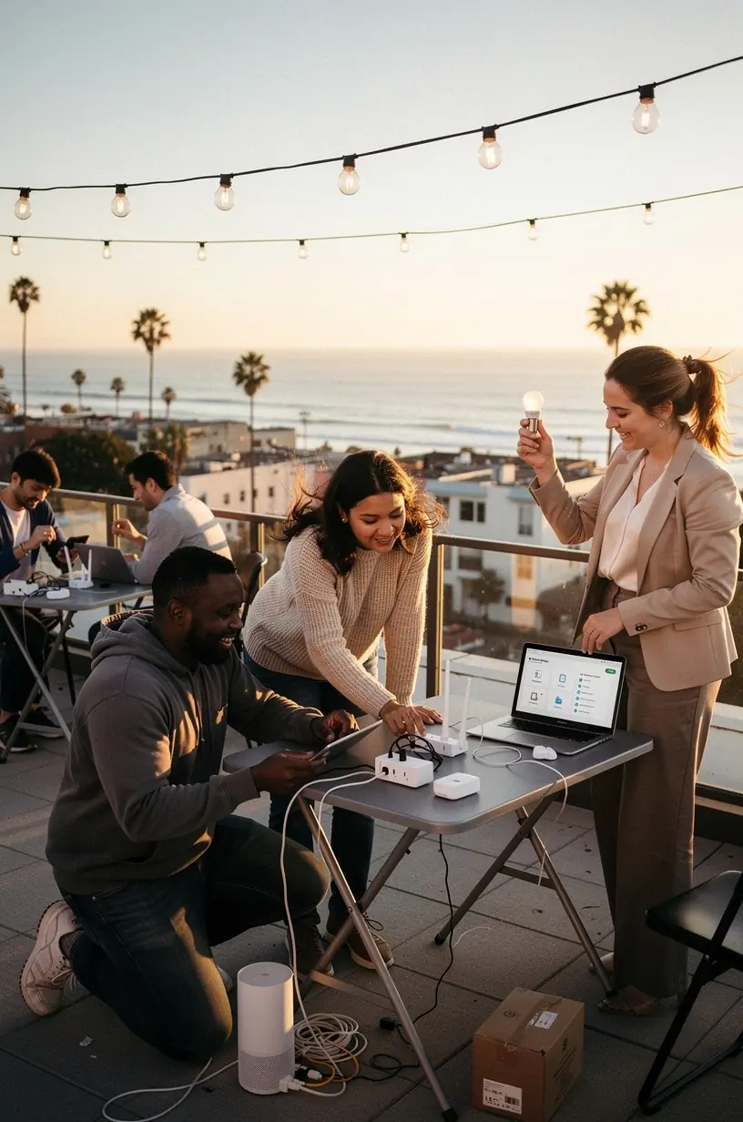 Children playing in a park equipped with interactive smart play equipment.