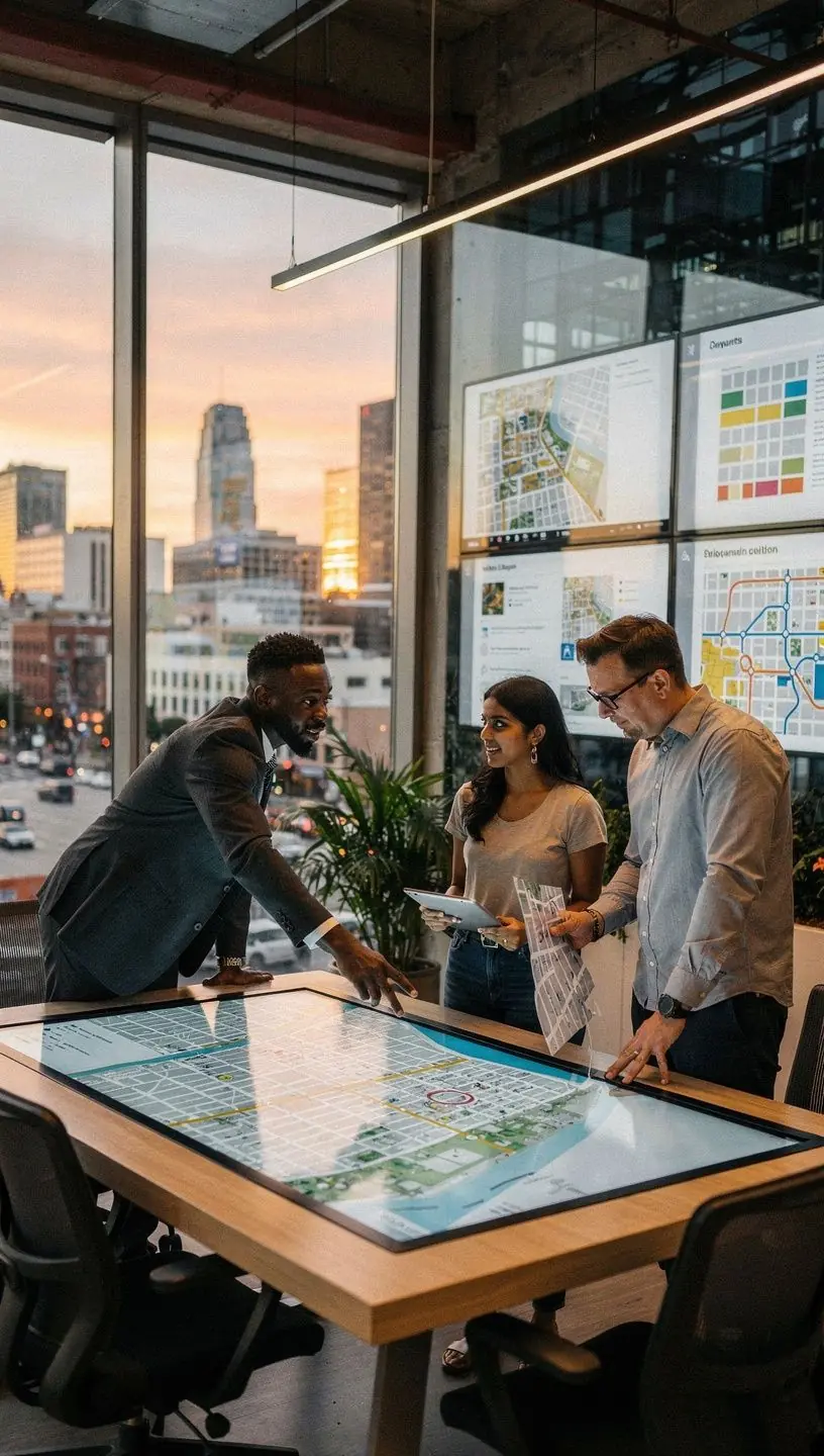 A modern residential neighborhood featuring smart streetlights and solar panels.