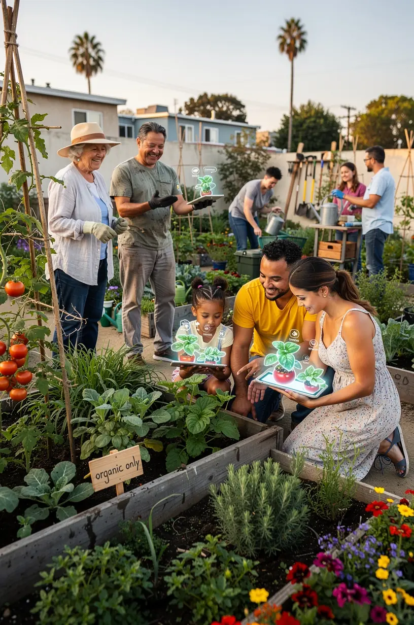 Urban garden with sensor technology monitoring soil and water levels in a residential area.